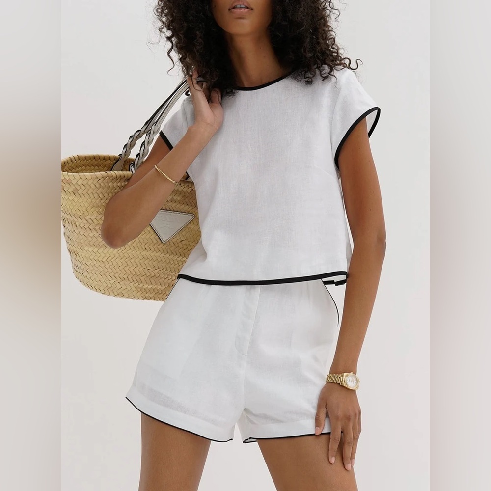 Commense Pure Cotton Contrast Trim Shorts Set